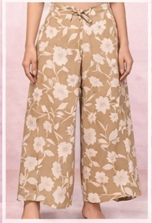 Tan Floral Wide Leg Pants